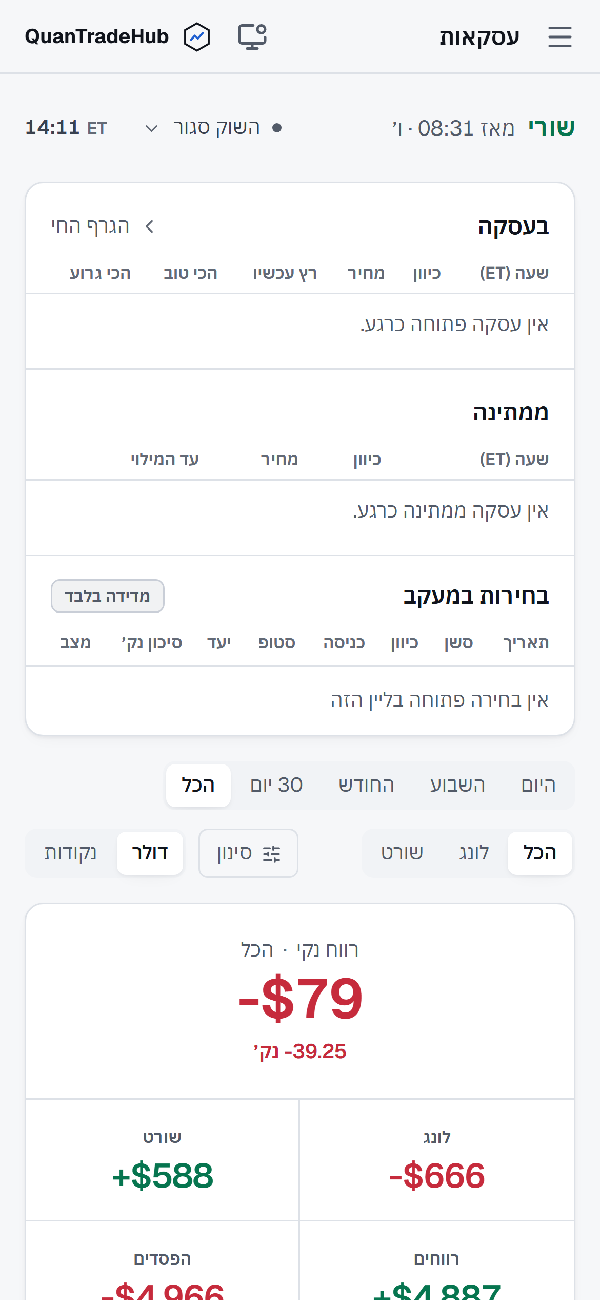 צילום מסך של עסקאות במסך המסחר